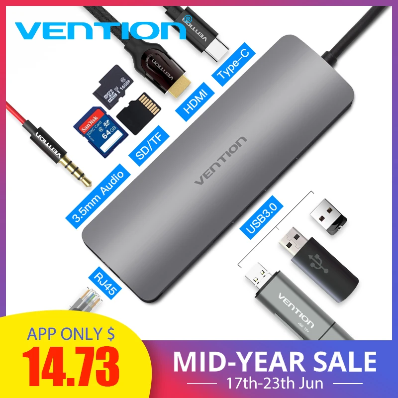 

Vention USB-C HUB Type C HUB to USB 3.0 Thunderbolt 3 HDMI 3.5mm Audio RJ45 Adapter for MacBook Pro Samsung Galaxy S9 USB C HUB