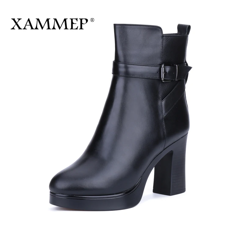 

Xammep Brand Women Winter Shoes Genuine Leather Natural Wool Winter Boots High Quality Big Plus Size High Heel Ankle Boots