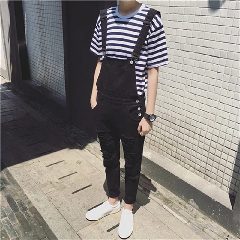black ripped jean overalls