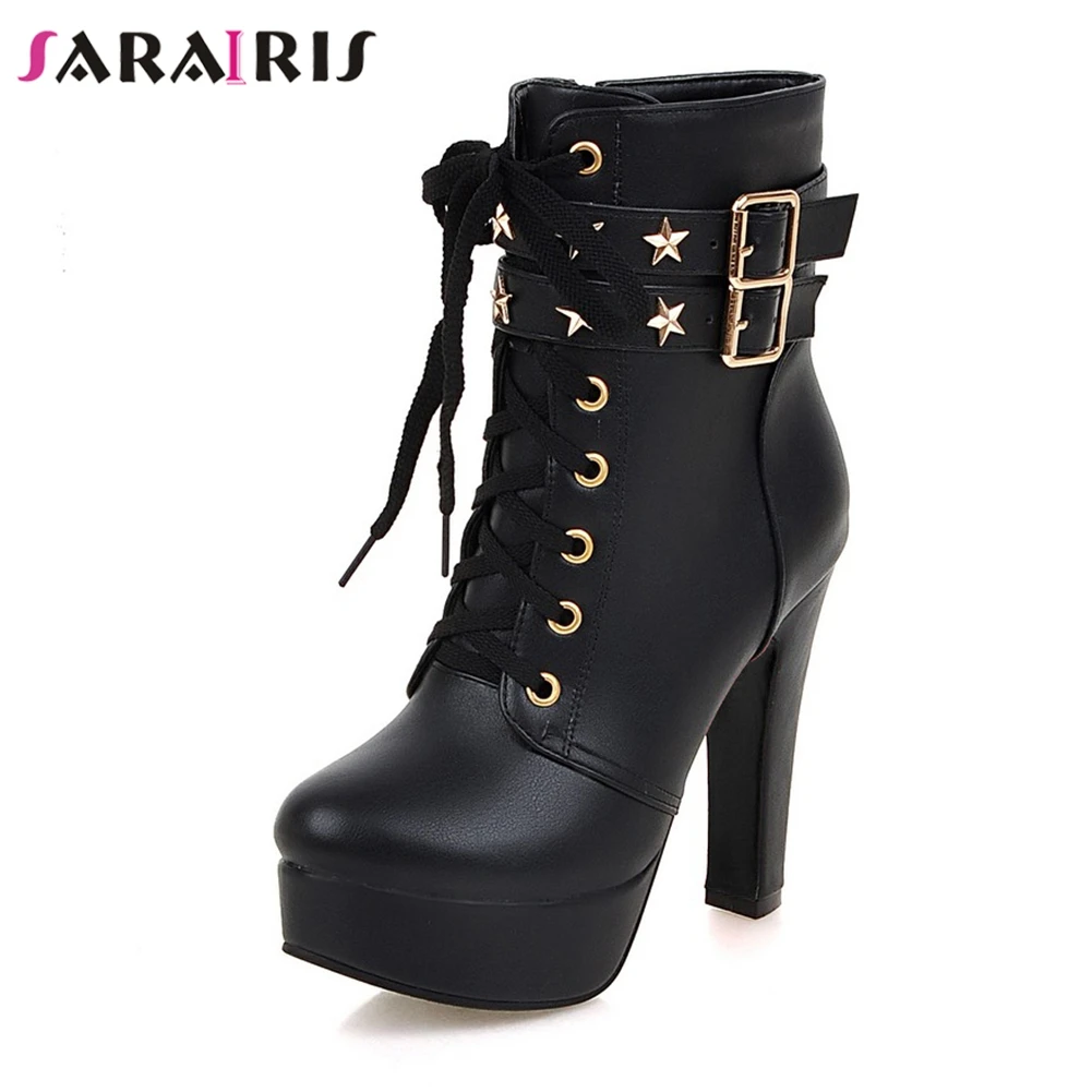 

SARAIRIS New Solid Belt Buckle Zip Platform Shoes For Women 2019 Fashion Autumn Ankle Boots Black Large Size 32-47
