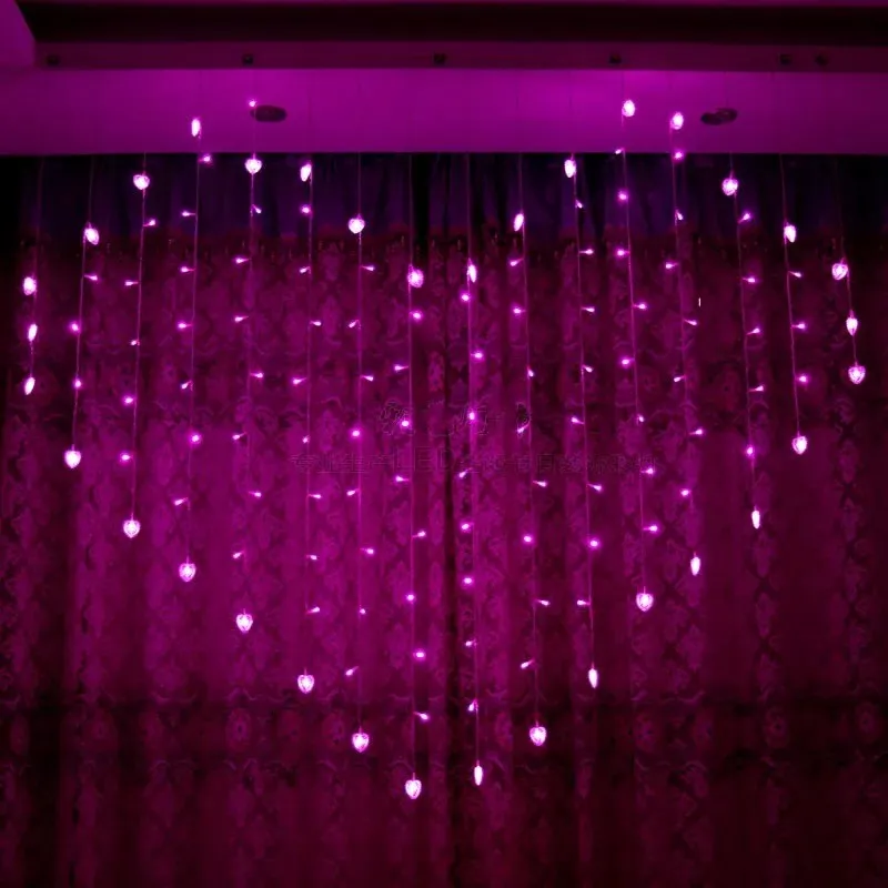 

2M*1.5M 124Led Heart-shaped LED fairy string icicle curtain Light 16 drops Valentine Xmas Christmas Wedding party garland decor