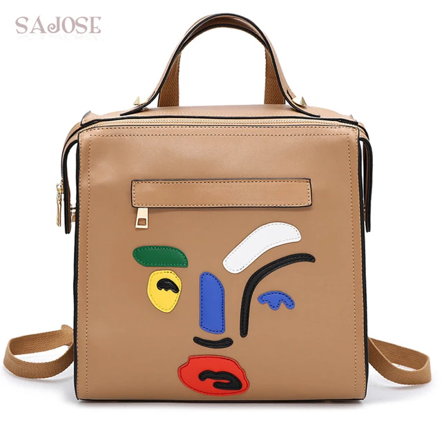 Special Offers Backpacks For Teenage Girls Womens Leather Backpack School Bag Cartoon image Khaki Student Bag Fashion Retro Shoulder Bag SAJISE