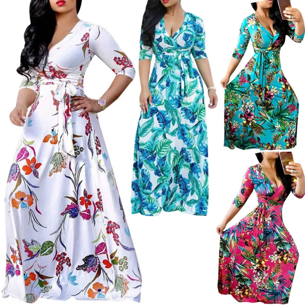 

Summer regular sleeve type five-minute sleeve women sexy deep v collar print loose dress stretch casual and floor dress