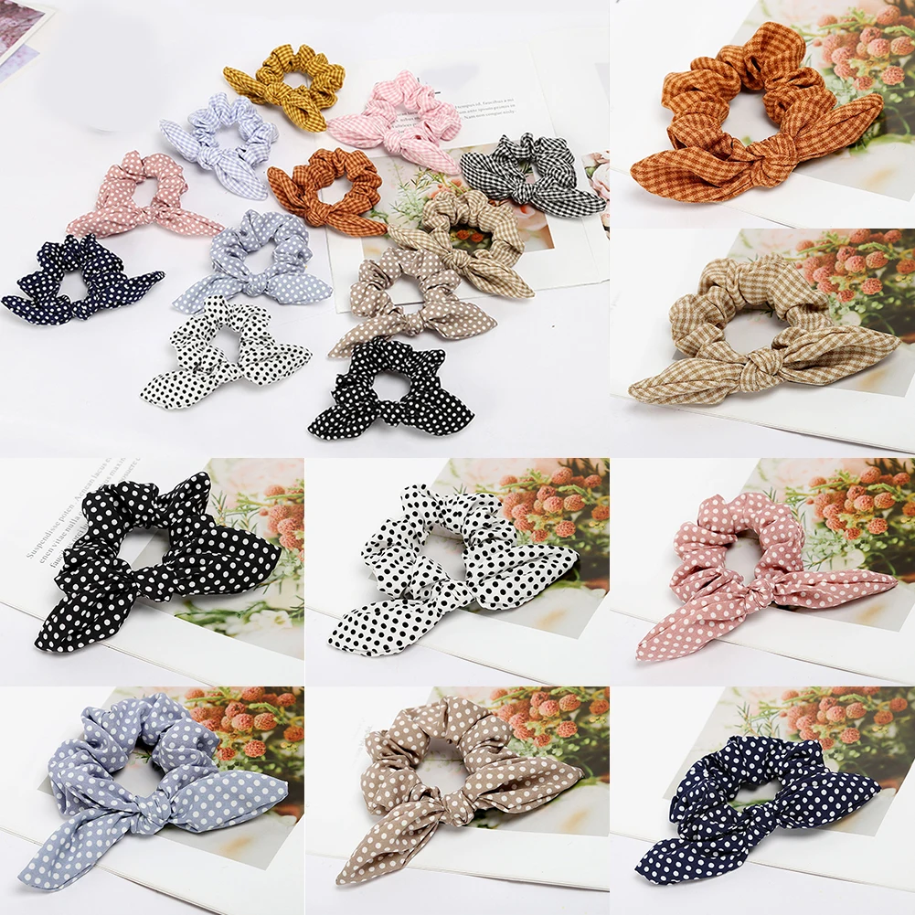 Plaid Girls Women Bunny Ear Hair Scrunchie Knot Bow Hair Band Hair tie Bows Rabbit Ear Elastic Ponytail Holder Bands Hair bow Hairclip