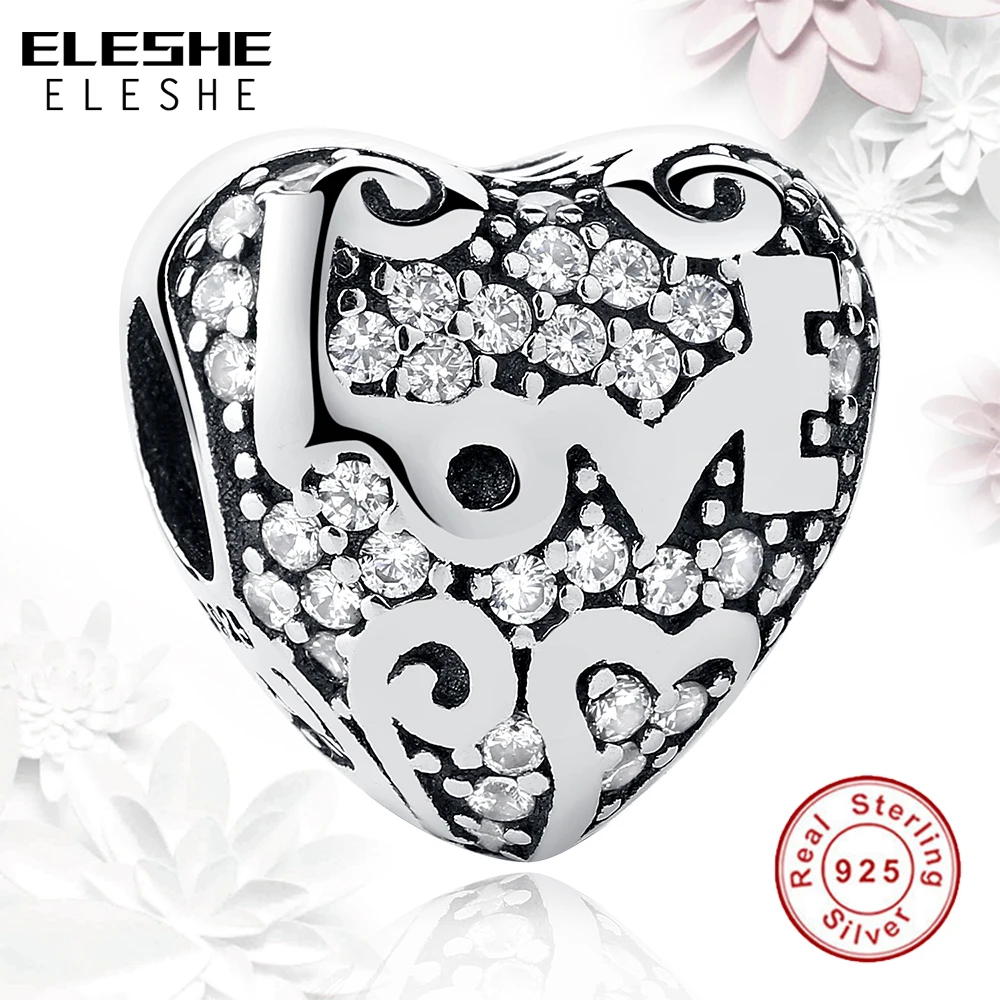 ELESHE Authentic 925 Sterling Silver Love Heart Charm Beads Fit Original ELESHE Bracelet DIY Jewelry In My Heart With Clear CZ
