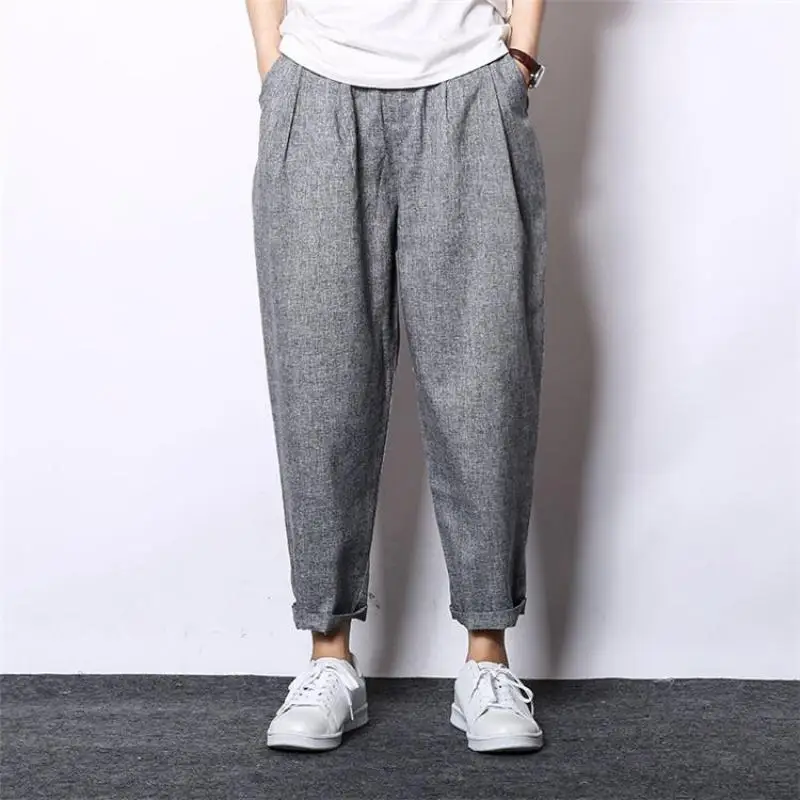

6 Colors 2020 Fashion Men Streetwear Linen Trousers Vintage Elastic Waist Casual Harem Pants Men Light Weight Summer Ankle Pants