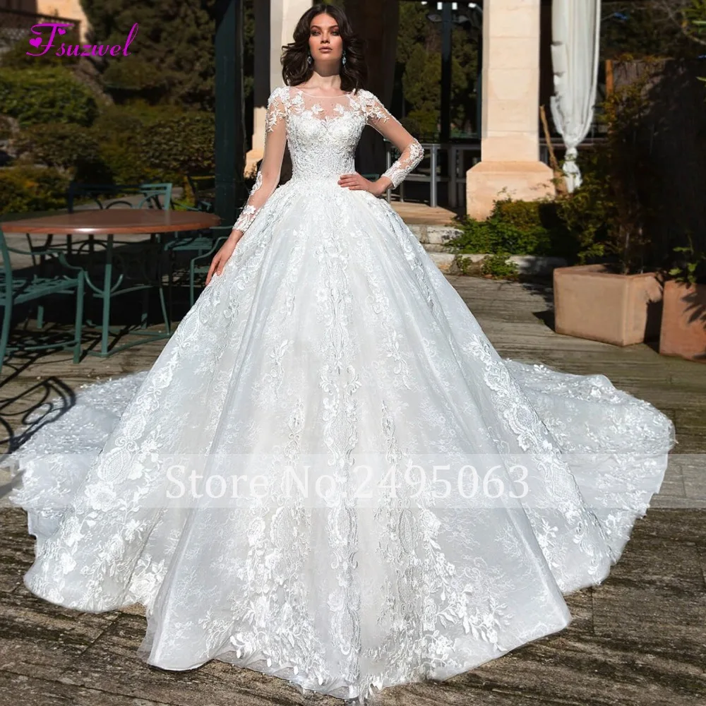 blue wedding dress Glamorous Long Sleeve Appliques Chapel Train Ball Gown Wedding Dress 2022 Luxury Beading Scoop Neck Lace Up Princess Bridal Gown red wedding dresses