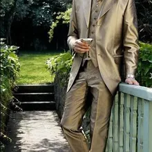 Мужские костюмы из 3 предметов(пальто+ брюки+ жилет+ галстук), изготовленные по индивидуальному заказу, модные костюмы Terno Masculino с золотым отворотом, три пуговицы, высокое качество, приталенная посадка