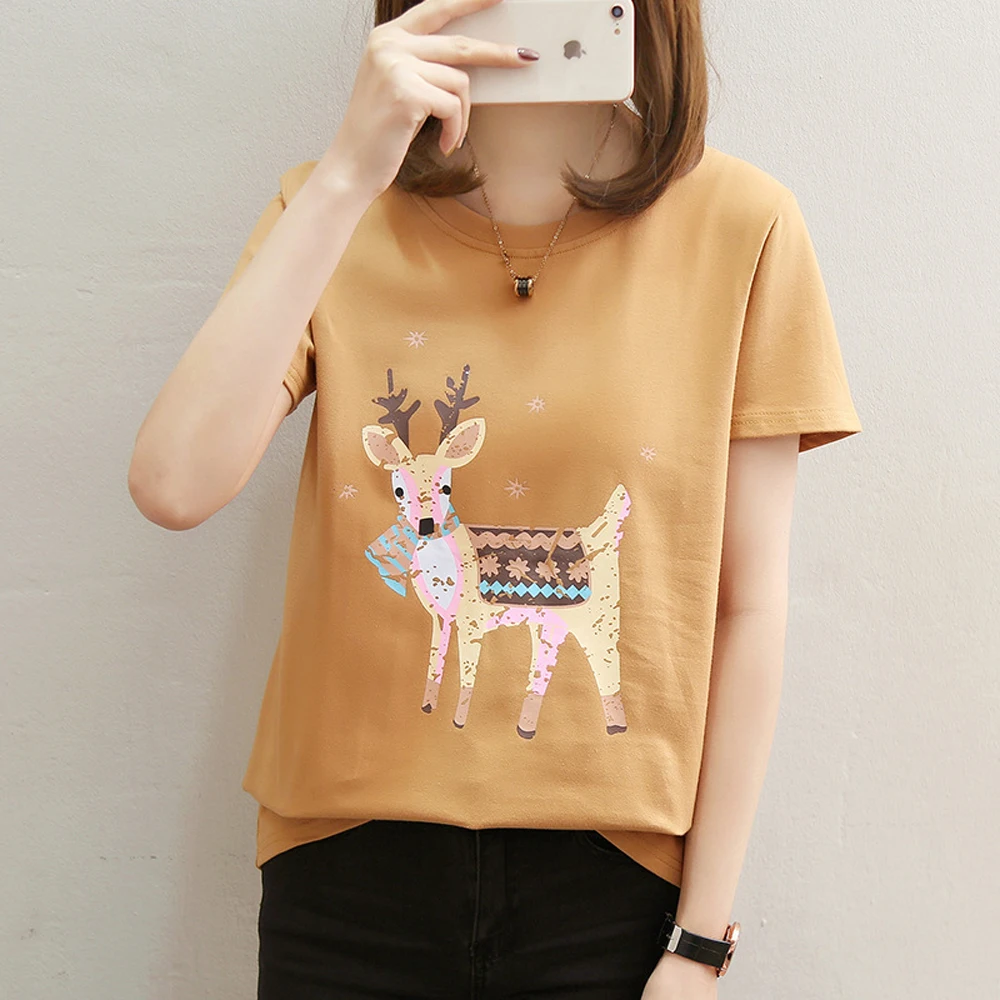 

Women T-shirt Summer Round Neck Short Sleeve Cute Animal Printed T shirt Tops Casual Harajuku Tees Korean Stylish WDC2509
