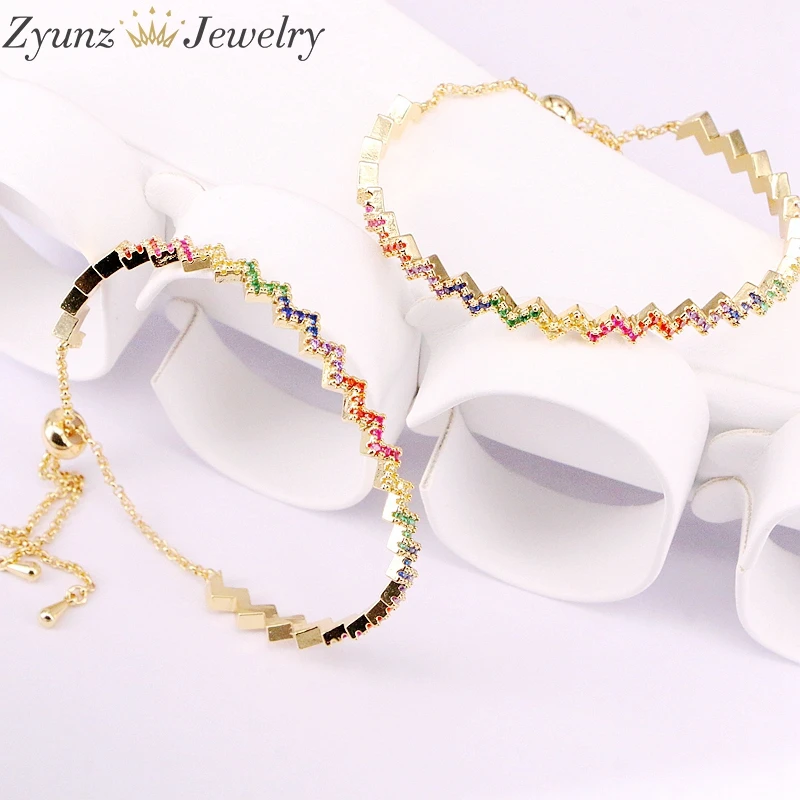 

5PCS, Gold Color Colorful CZ Bar Fashion Adjustable Bracelets For Women Girls Crystal Zirconia Micro Pave CZ Cuff Bangles