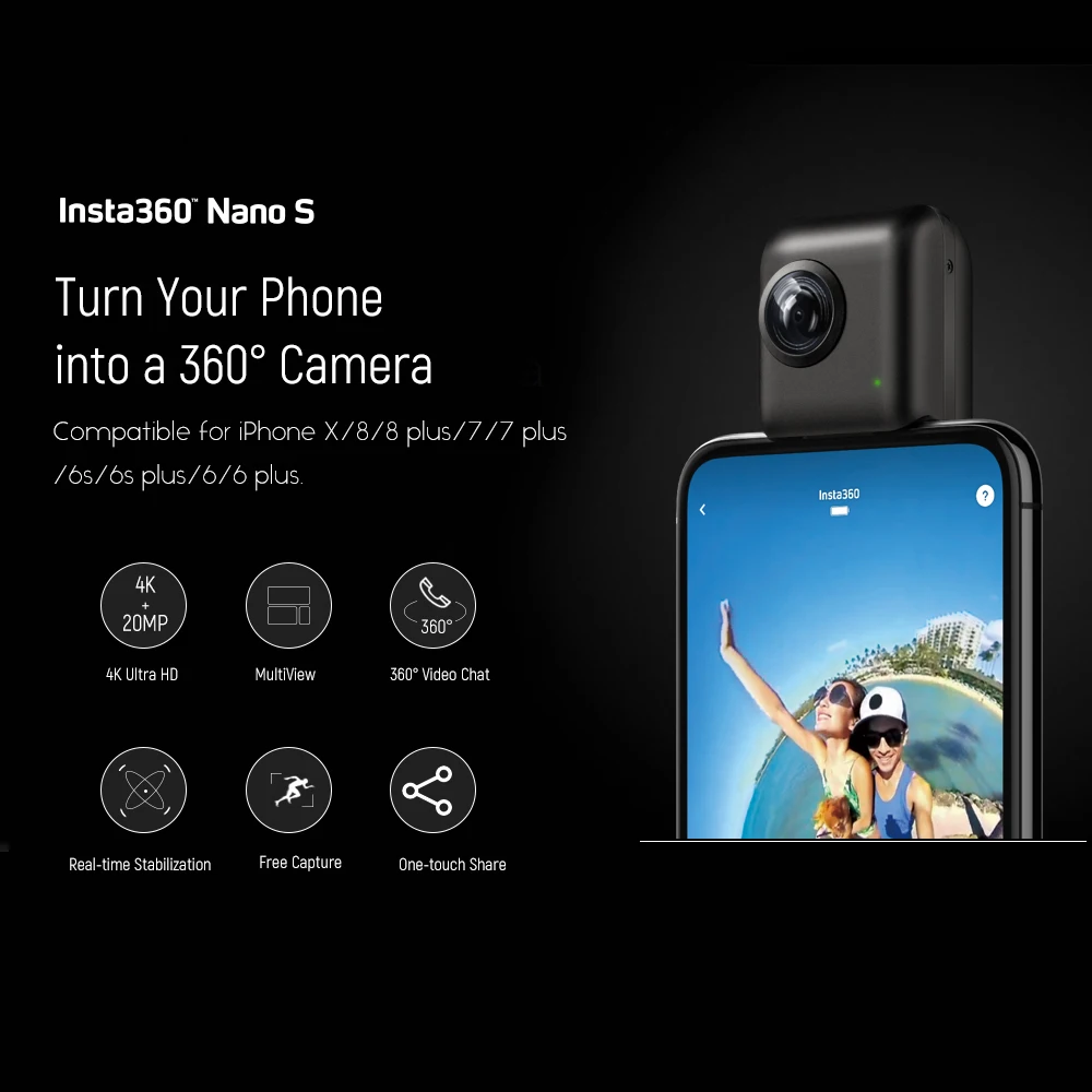 Insta360 360 градусов VR видеокамера Nano S 4 K 20MP с панорамным livetream видео чат MultiView захват