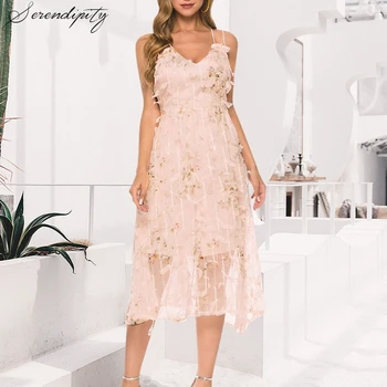

Elegant Flower Embroidery Women Dress V-neck Spaghetti Strap Lining Ladies Dress A-line High Waist Summer Dress 2020 Sleeveless