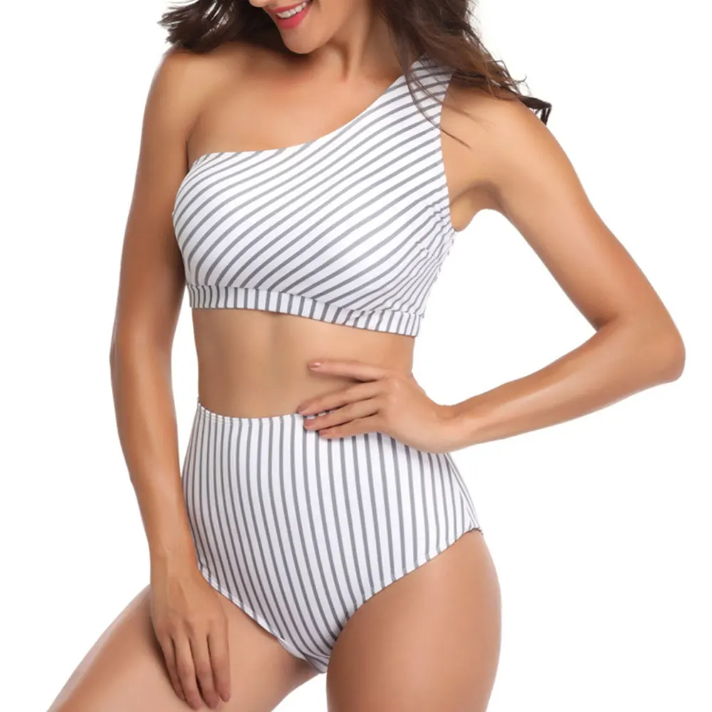 

2019 One Shoulder Bikinis Swimsuit Swimwear Women Stripe Swimming Suit for Lady SexyBiquini Beachwear Maillot De Bain Femme