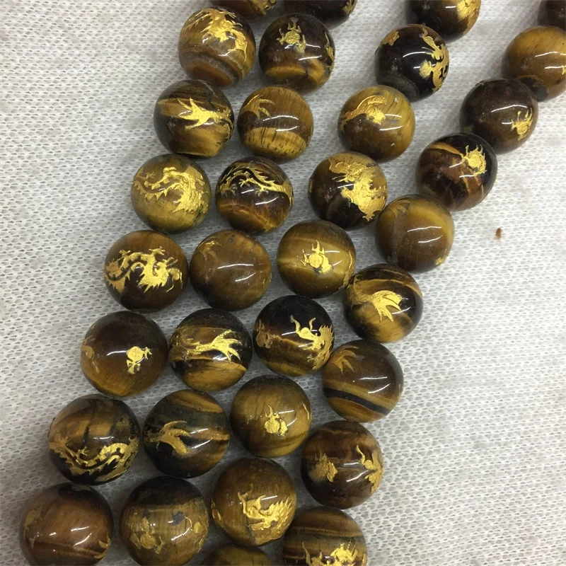 

Genuine 14MM Carved Dragons Loong Tiger Eye Black Agates Healing Power Energy Natural Stone Onyx for DIY Bracelet Jewelry Make
