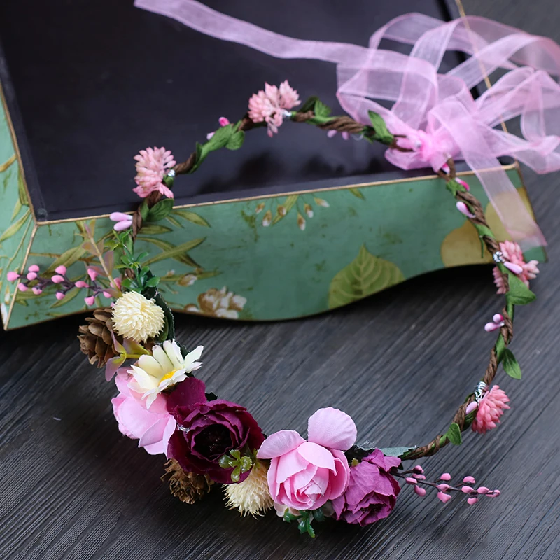 

New Branch Flower Pink Bride Wreath Tiara Hair Ring Bridesmaid Hair Accessories
