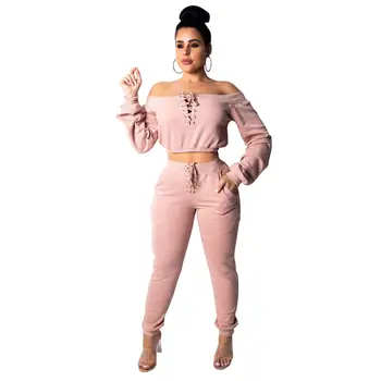 

Women long sleeve bandage crop top full pants 2 piece set for female women off shoulder Sexy Casual sets Outfits sweat suits XXL