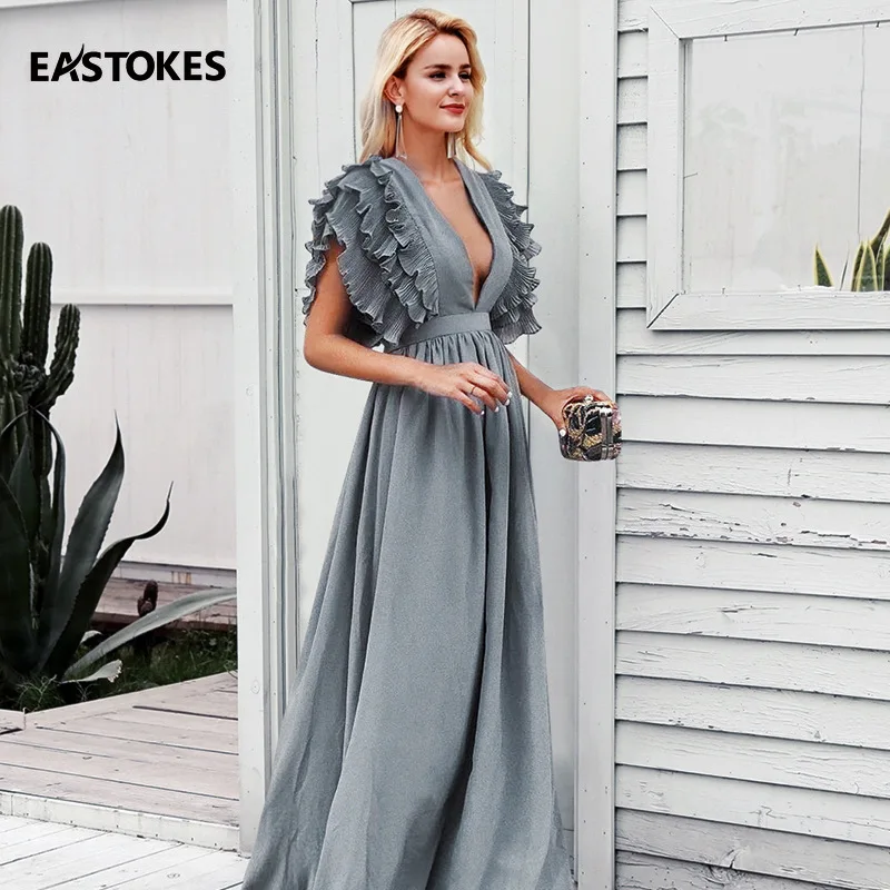 

2019 Women Long Dress Sexy V-neck Ruffles Summer Dress Lining Party Dresses Vestidos