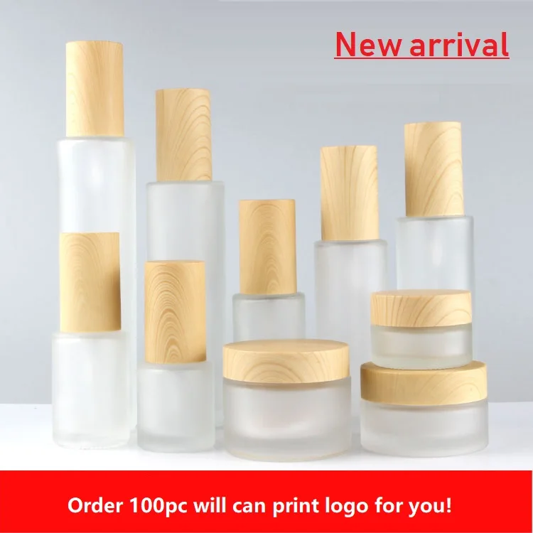 

120ml,100ml,80ml,60ml,30ml,20ml Frosted Glass Lotion Pump Bottle,Wood Grain Cap,30g 50g Empty Cream Jar,Cosmetic Packing Bottle