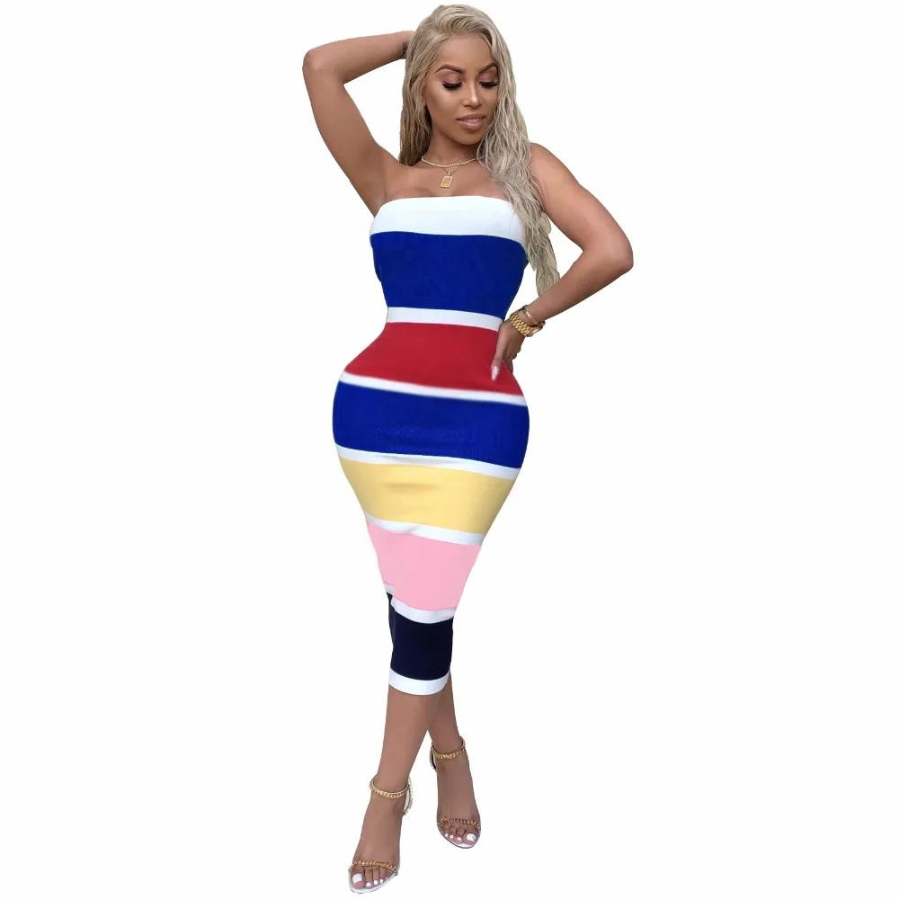 Richietrade сексуальная без бретелек Полосатый Bodycon Для женщин платья с открытыми