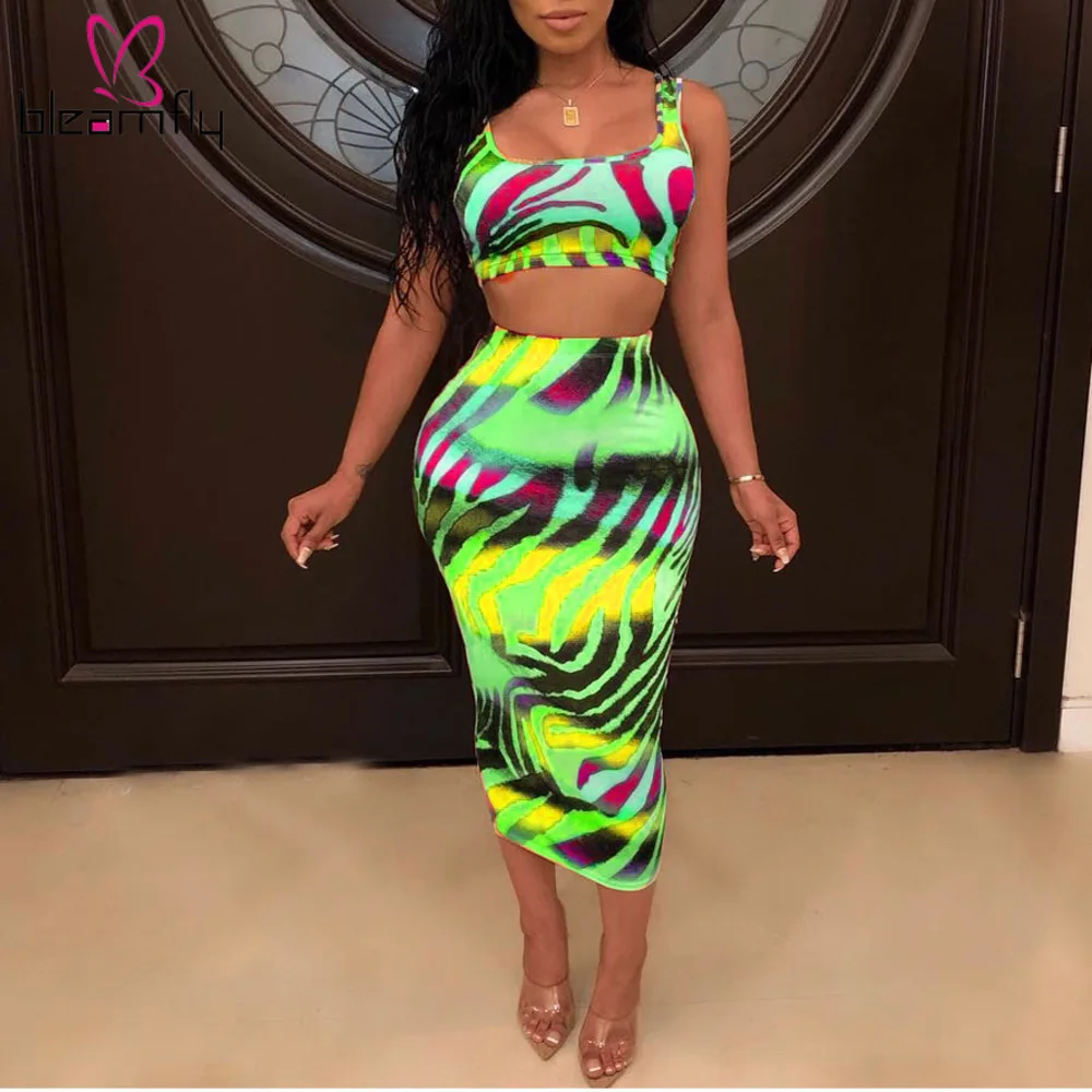 

Sexy Two Piece Set Club Outfits Tie Dye Crop Top And Midi Skirt Set Bodycon 2 Piece Summer Clothes Women Vintage Matching Sets