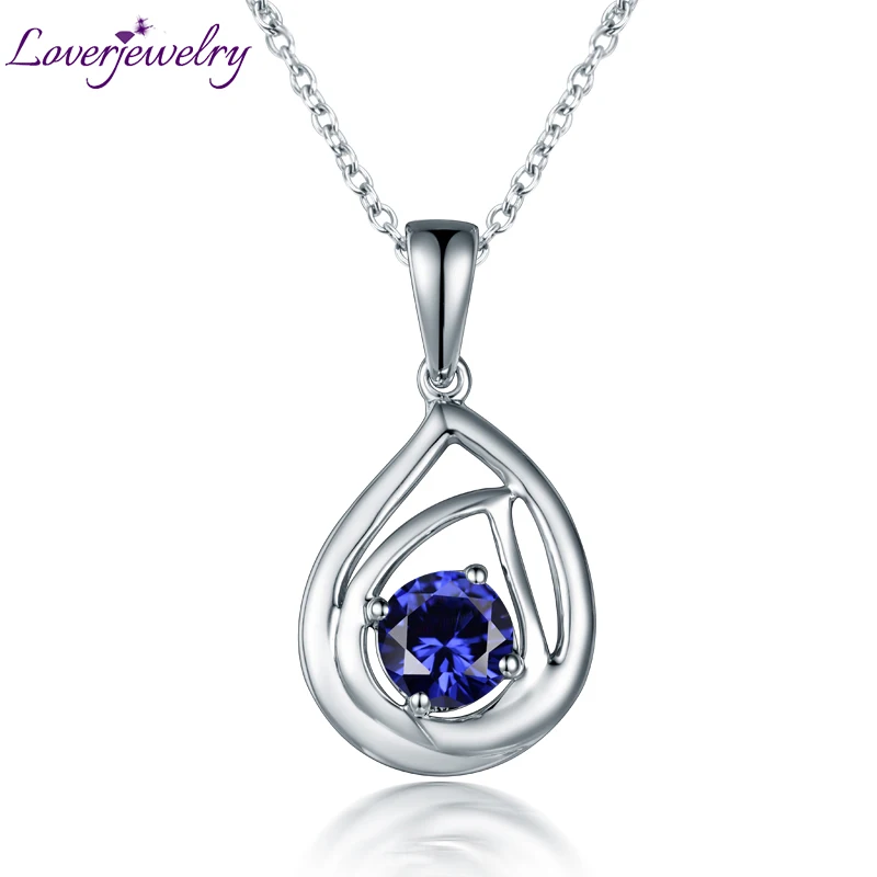 

LOVERJEWELRY Lady Pendant Solid 14K White Gold Cornflower Blue Sapphire Wedding Pendant for Women Annniversary Loving Jewelry
