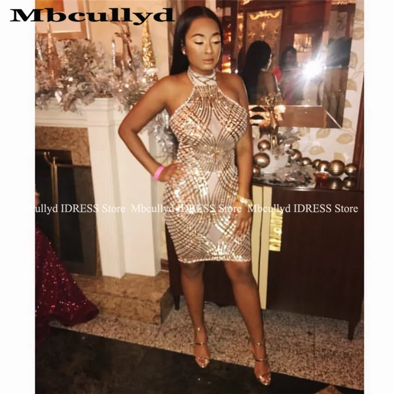

Sexy Short Mermaid African Prom Dresses 2019 Goegeous Sequined Gold Vestido De Festa Black Girls Cross Back Evening Gala Dress
