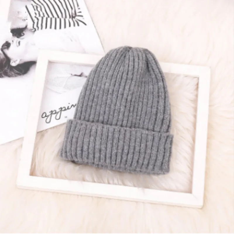 Модная шерстяная шапка Skullies Beanie для женщин и девочек, однотонная теплая шерстяная трикотажная шапка, ветрозащитная женская зимняя шапка - Цвет: Темно-серый