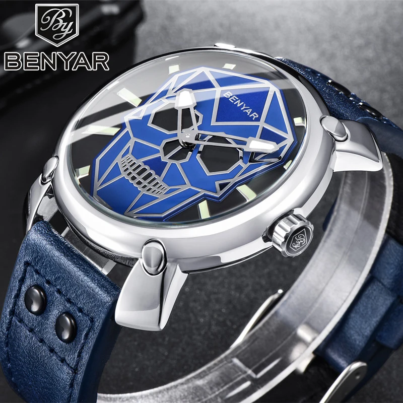 

BENYAR New Creative Blue Skull Watch Mens Watches Top Brand Luxury Fashion Leather Quartz Wristwatch Clock Men Relogio Masculino