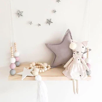 

Nordic Macaron Style Wooden Bead Plywood Hanging Shelf Children's Room Dolls Storage Display Rack Bedroom Wall Decorative Stand