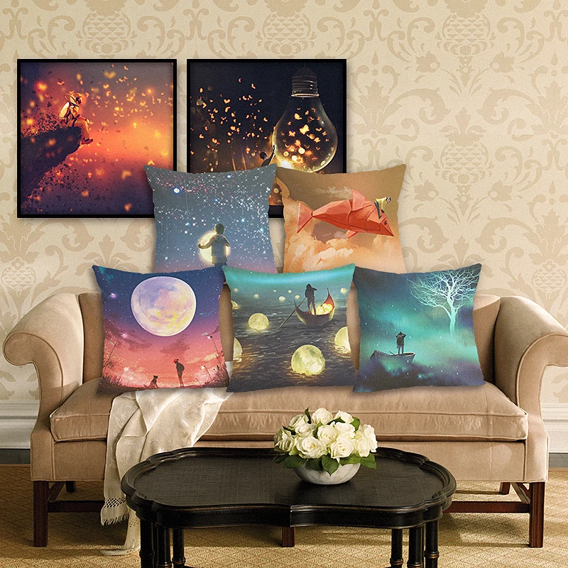 

RECOLOUR scenic Moon boat Cushion Cover throw pillows Home Decor Pillowcase pillow cover cojines decorativos para sofa