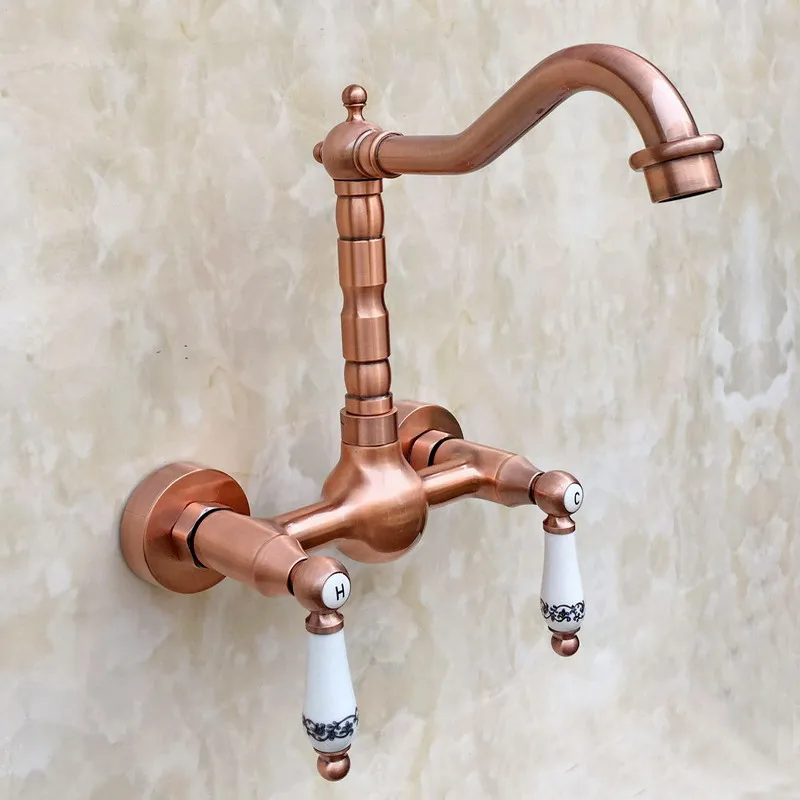 Antique Red Copper Two Ceramics handles Wall Mounted Kitchen Bathroom Vessel Sink Swivel Spout Faucet Water Tap arg032