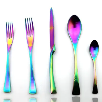 

Colorful Creative Dinner Set Christmas Gift Rainbow 18/10 Stainless Steel Dessert Fork Dinnerware Tableware Set 20-Piece