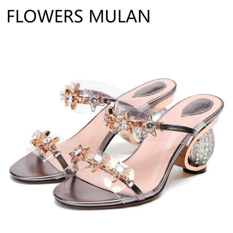 

Luxury Gold Metal Star Transparent PVC Buckle Ladies Shoes Peep Toe Slip on Summer Sandals Strange Lantern Clear Heels Zapatos