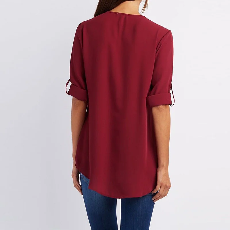 2019 Newly Hot Women Summer Chiffon Shirts V Neck Pullover Zipper Loose Long Sleeves Casual Tops MSK66