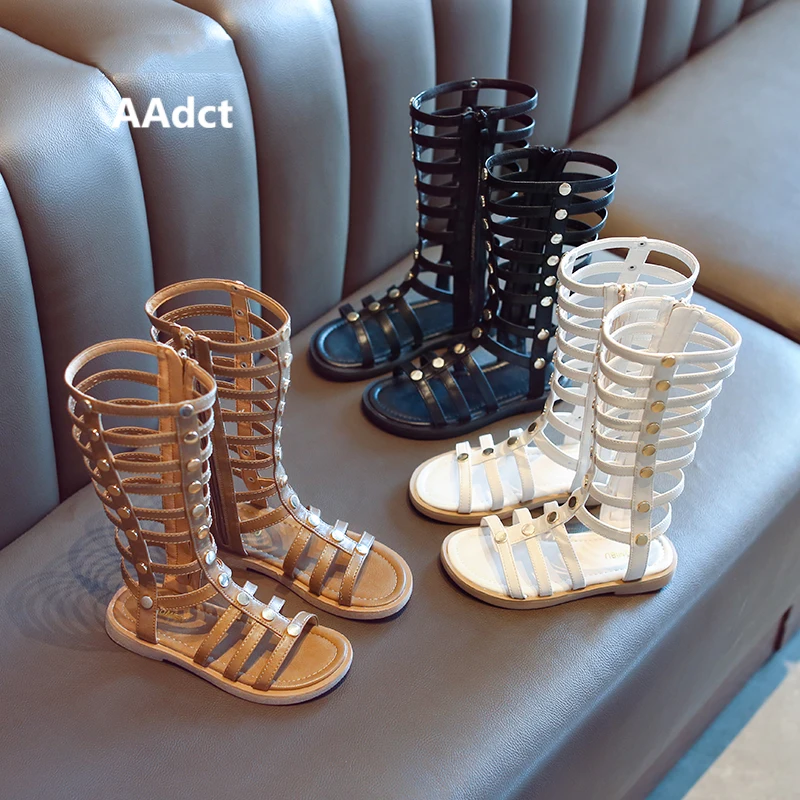 AAdct 2019 soft sole girls sandals new summer kids Gladiator sandals for girls Rome hollow high children shoes princess rivet
