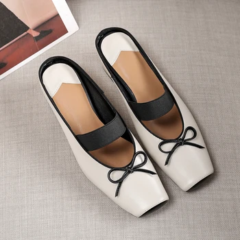 

Women's genuine leather slip-on low heel comfortable slides high quality summer mules square toe bowtie sandals shoes for women