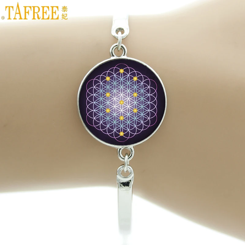 

TAFREE women fashion Flower of Life Chakra bracelet Sacred Geometry Art Mandala Glass Cabochon bracelets handmade jewelry NS484