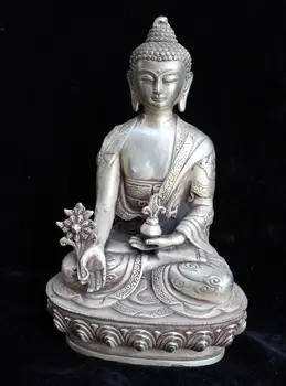 

China Silver Buddhism fine dragon Po Sang Buddha Lotus seat Sculpture Statue