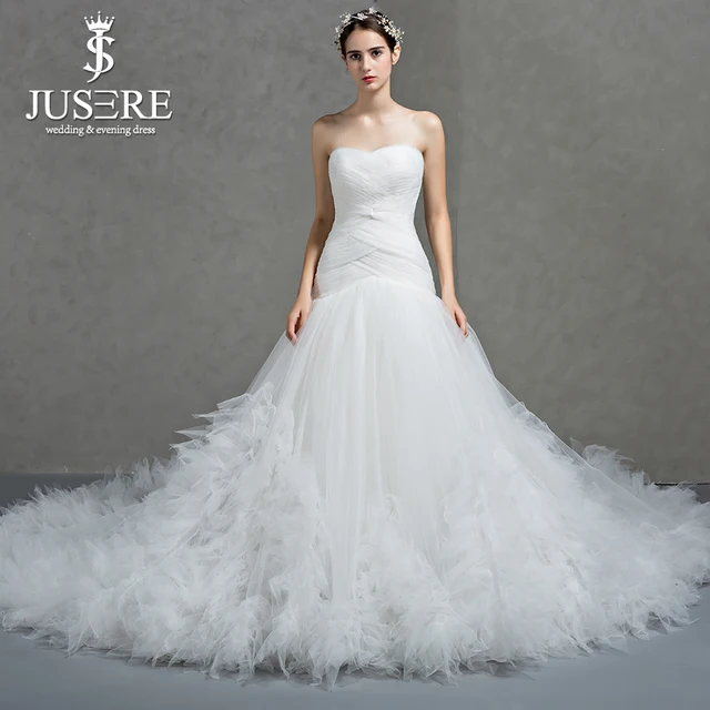 Crisscross Pleat Strapless Neckline Lace Up Back Elegant Bridal Gown Crisscross Pleat Strapless Neckline Lace Up Back Elegant Bridal Gown Feather Ruffles Tail Indulgent Train