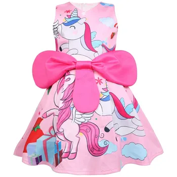 

Girl's O-neck Sleeveless Sweet Style Colorful Cartoon Horse Big Bowtie Summer Dresses Little Girls A-line High Waist Top Dresses