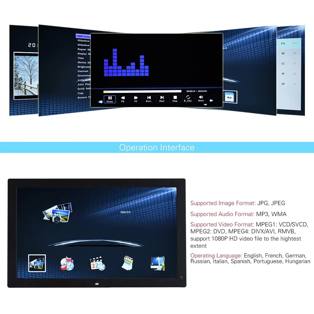18," Цифровая фоторамка 1366*768 светодиодный с пультом дистанционного управления Поддержка нескольких языков видео часы будильник, календарь функции
