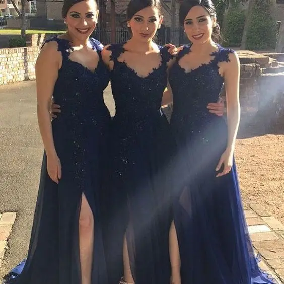 Темно-синие платья для подружек невесты с аппликацией Спагетти ремни шифоновые длиной до пола с высоким разрезом свадебные вечерние
