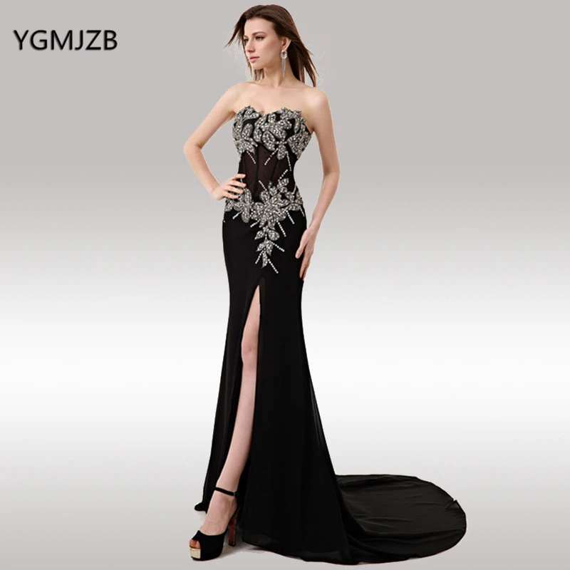 

Black Long Evening Dresses 2019 Mermaid Sleeveless Beaded Crystal with Slit Sexy Formal Evening Party Dress Prom Gowns for Woman