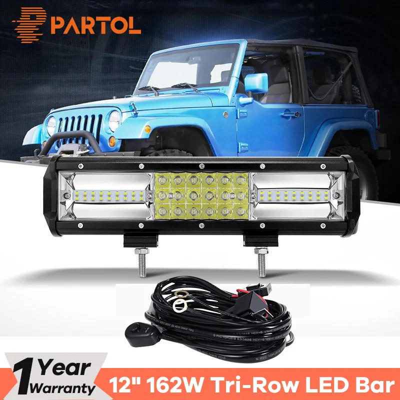 Partol 12&quot 162W Tri-Row LED Light Bar Combo Spot Flood Beam Offroad Work 4WD 4x4 6000K for Truck Camper Trailer | Автомобили и