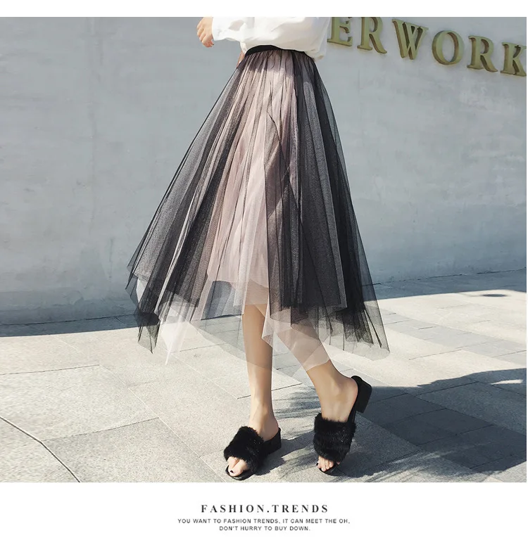 Юбки Для женщин тюль плиссированные нерегулярные подол сплошной до середины икры Для женщин s юбка принцессы корейский стиль весна уличной