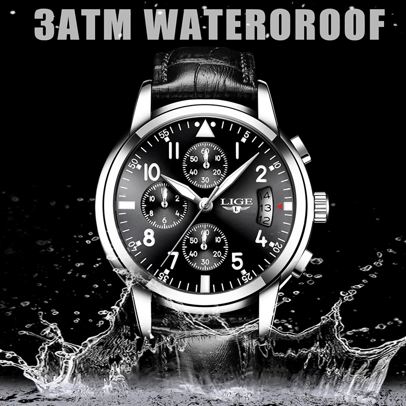 LIGE Men Casual Leather Business Clock Mens Watches Top Luxury Quartz Wrist Watch Men Sport Waterproof Chronograph Montre Homme