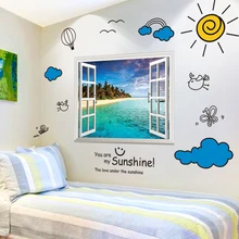 [SHIJUEHEZI] Fake Window Beach Island Wall Stickers for Living Room Kids Bedroom Decoration DIY Cartoon Clouds Wall Decals