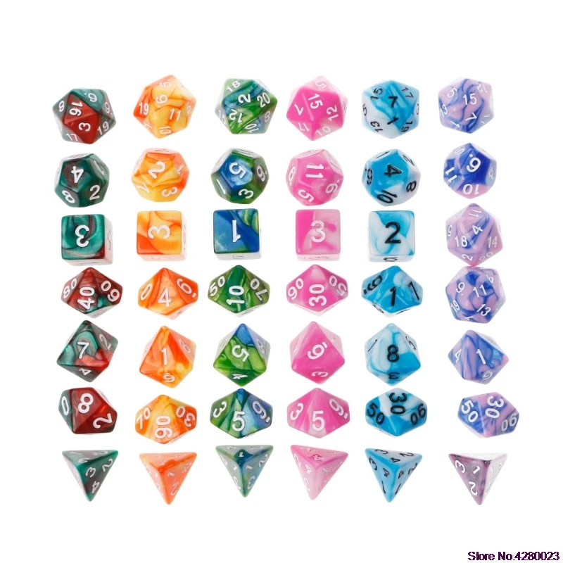 

7pcs/set Polyhedron 2-color D&D Dice with Marbled Effect D4 D6 D8 D10 D10% D12 D20 Black Red Blue Color Clear Playing Dice