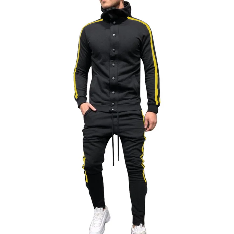 HEFLASHOR осенний мужской комплект из 2 предметов, Модный Полосатый негабаритный спортивный костюм, Повседневная Уличная толстовка с капюшоном и пуговицами, штаны, мужской костюм