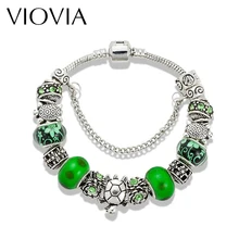 VIOVIA ювелирные изделия, античные серебряные морские черепахи, очаровательный браслет, зеленое стекло, очаровательный бисер, подходит для европейского стиля, браслеты для женщин B15103